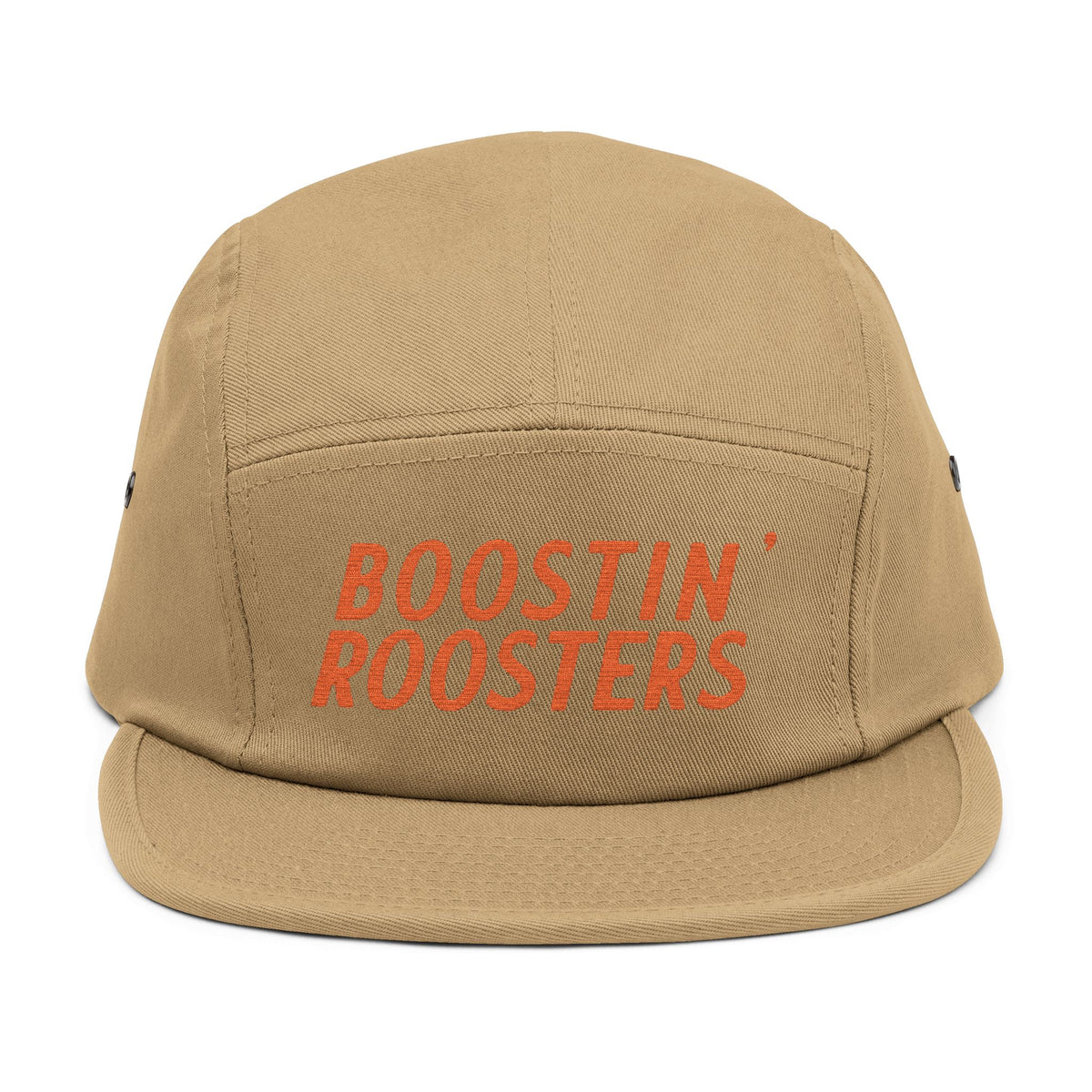 A tan 5-panel camp cap with 'BOOSTIN' ROOSTERS' embroidered in orange on the front, shown against a plain white background.