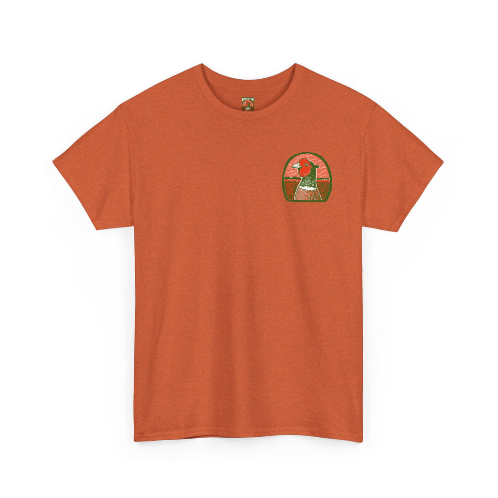 Orange t-shirt with a small graphic on the chest against a white background