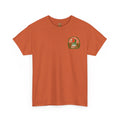 Orange t-shirt with a small graphic on the chest against a white background