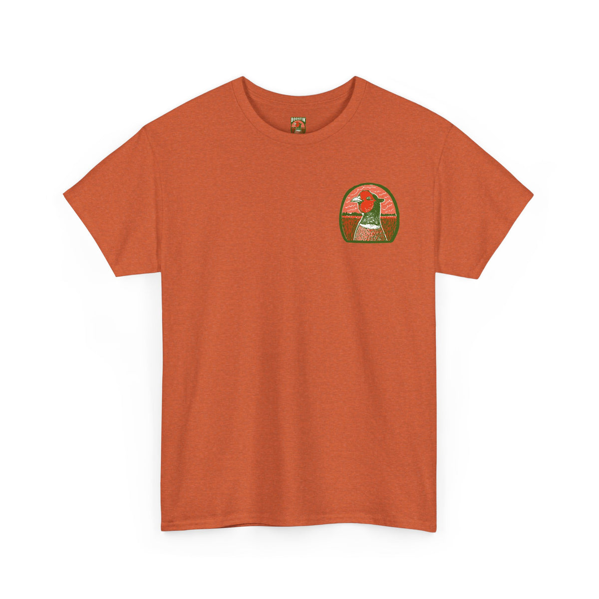 Orange t-shirt with a small graphic on the chest against a white background