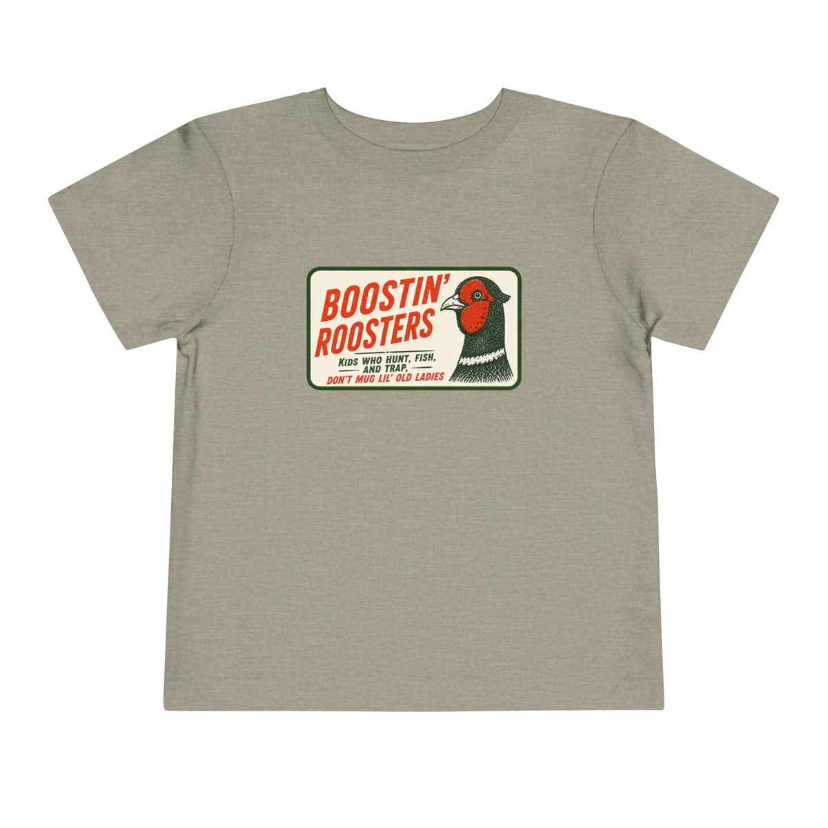 A sage green short-sleeve t-shirt with a vintage-style graphic on the chest reading 'BOOSTIN' ROOSTERS' in red and black text with a rooster illustration.