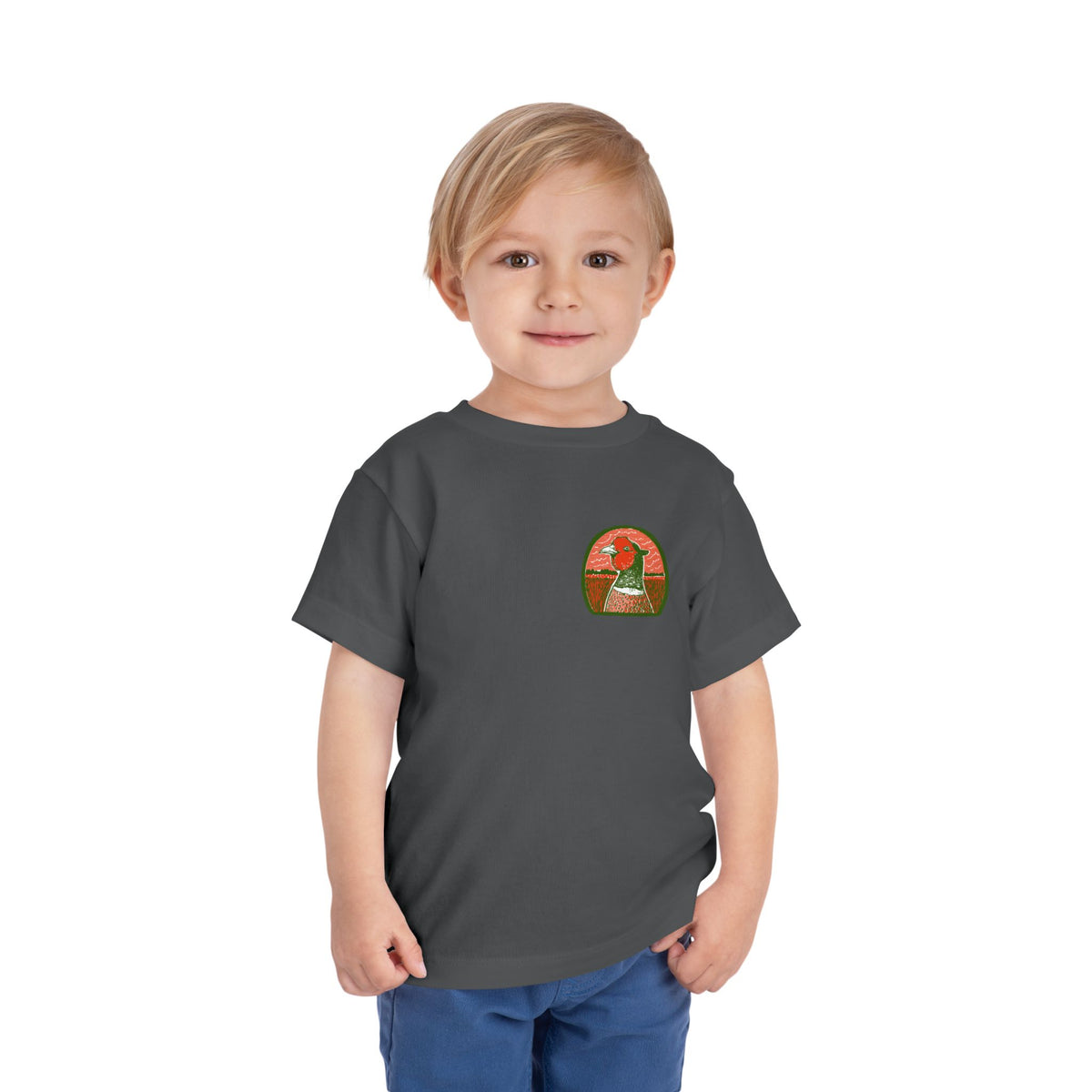 A young child wearing a dark grey t-shirt with a Boostin' Roosters graphic print on the left chest.
