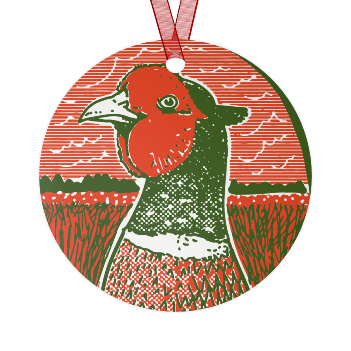 A round hanging ornament featuring a stylized pheasant bird illustration in red, green, and white, suspended by a red ribbon on a plain white background.