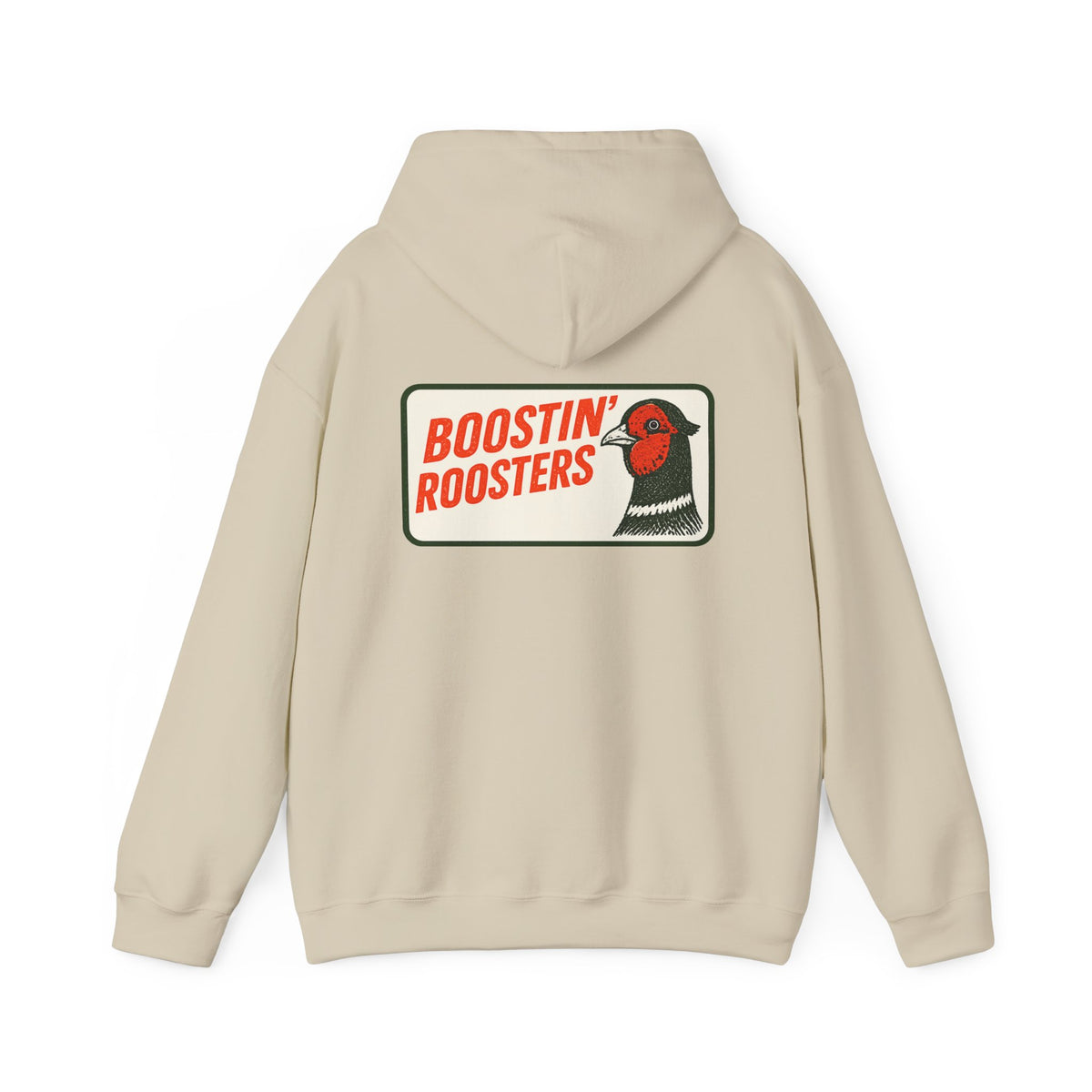 A light beige hoodie shown from the back, featuring a graphic print of a pheasant and the text 'BOOSTIN' ROOSTERS' in red and black.