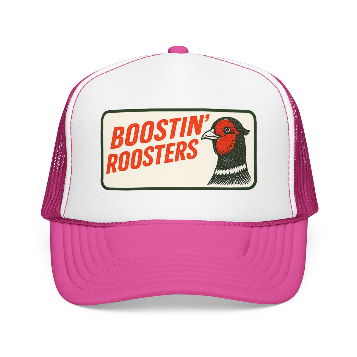 A pink and white trucker hat featuring a front patch with the text 'BOOSTIN' ROOSTERS' and an illustration of a rooster.