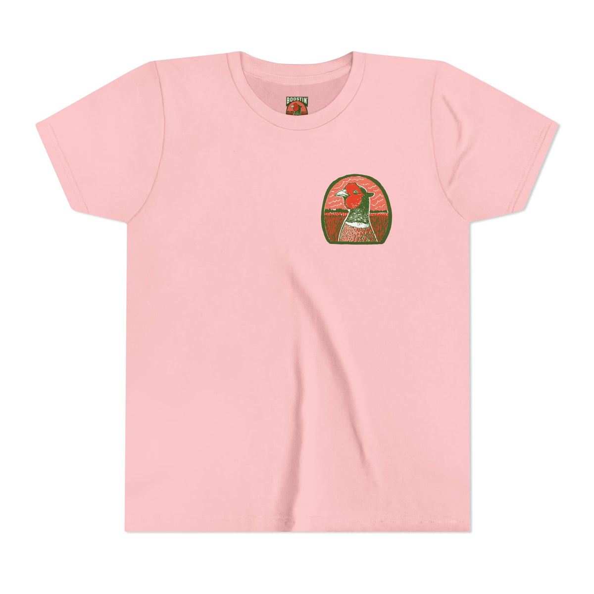 A light pink short-sleeve crewneck t-shirt featuring a small pheasant head graphic on the left chest.