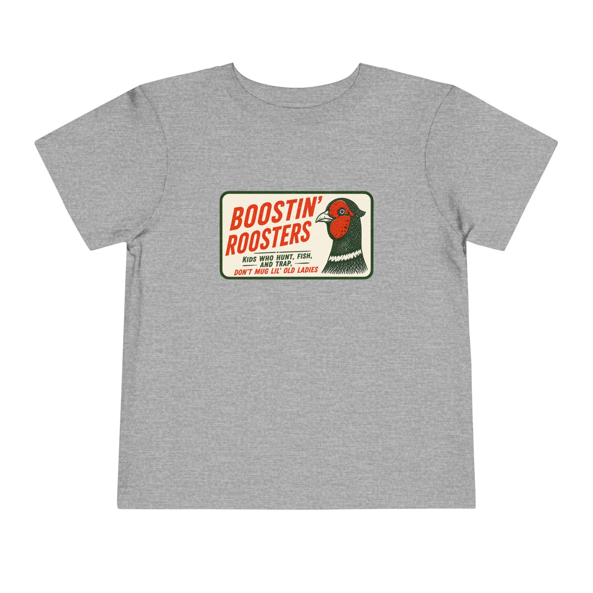 A heather gray short-sleeve t-shirt with a vintage-style graphic on the chest reading 'BOOSTIN' ROOSTERS' in red and black text, featuring a rooster illustration.