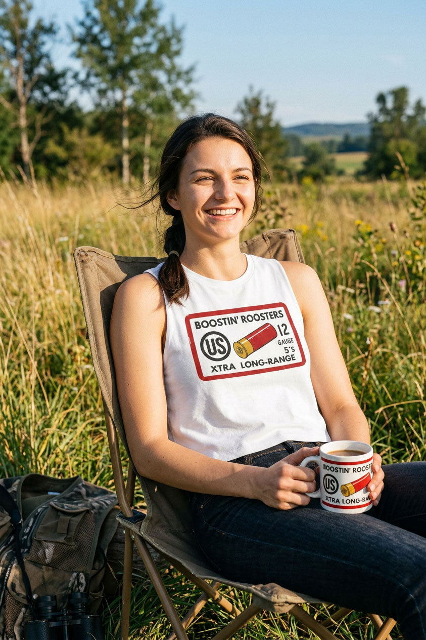 Woman wearing a white sleeveless shirt with text and graphics sitting outside in nature.