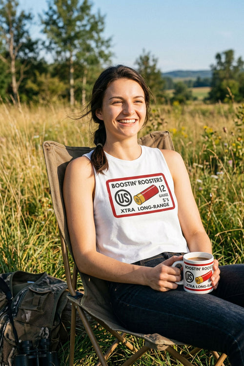 Woman wearing a white sleeveless shirt with text and graphics sitting outside in nature.