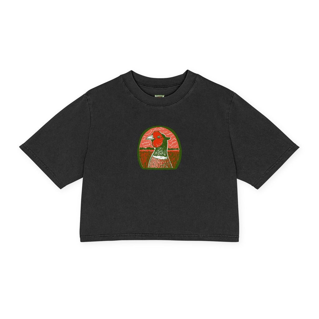 A black short-sleeve crop top t-shirt featuring a colorful graphic of a pheasant head in an oval frame on the chest, displayed against a solid white background.
