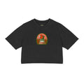 A black short-sleeve crop top t-shirt featuring a colorful graphic of a pheasant head in an oval frame on the chest, displayed against a solid white background.