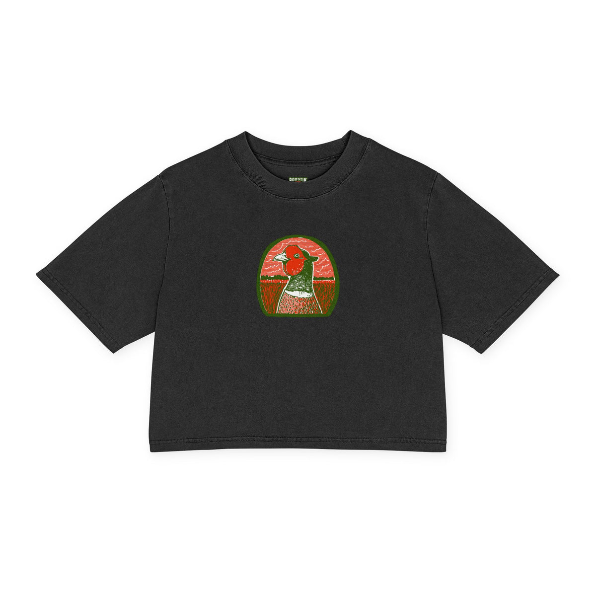 A black short-sleeve crop top t-shirt featuring a colorful graphic of a pheasant head in an oval frame on the chest, displayed against a solid white background.