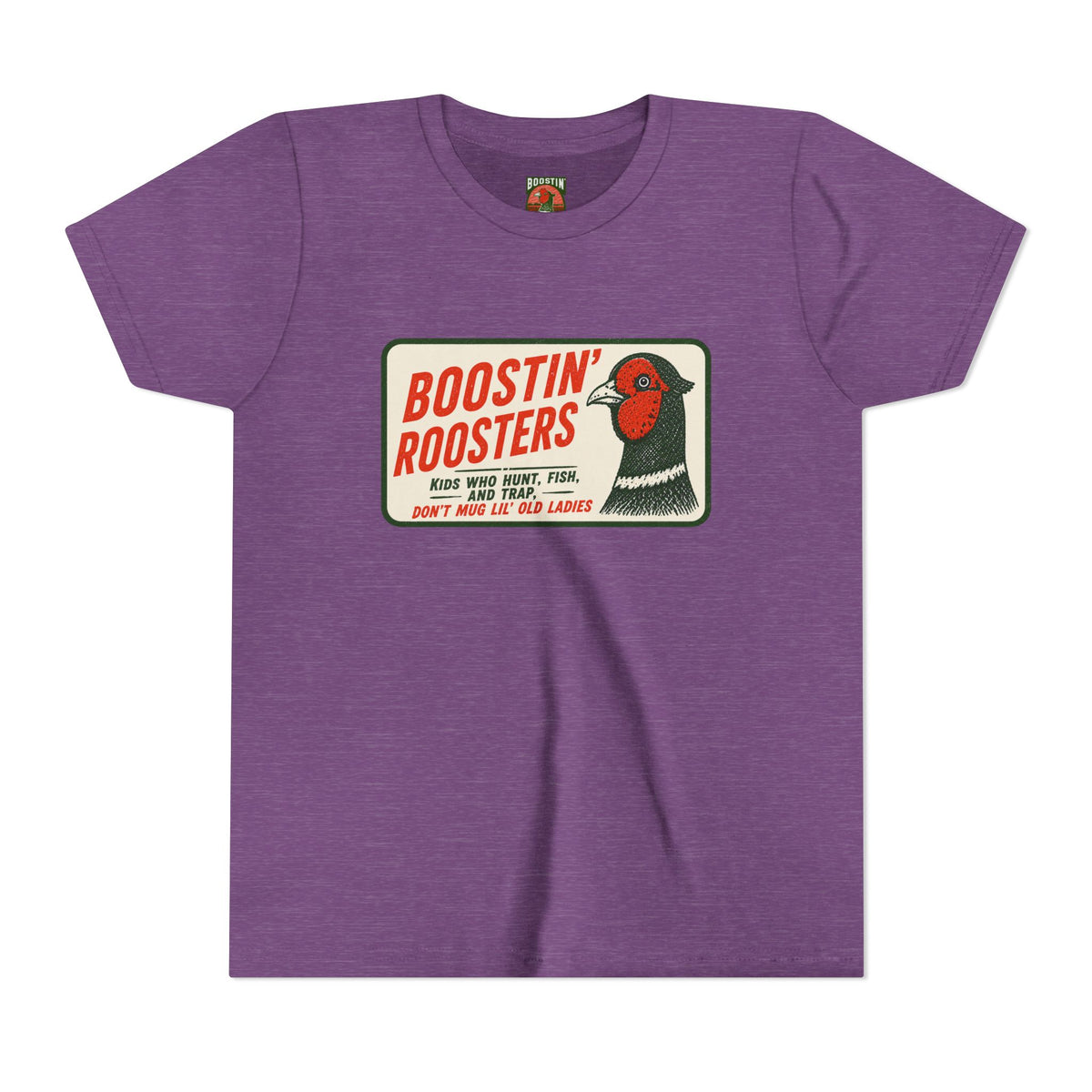 A dark purple crewneck t-shirt featuring a vintage-style graphic print of a pheasant bird and the text 'BOOSTIN' ROOSTERS' in red and black on a cream background.