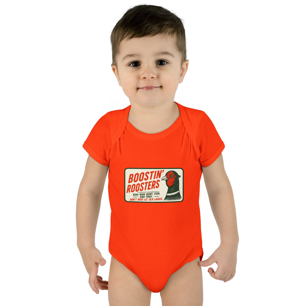 A baby wearing a bright orange short-sleeve bodysuit with a vintage-style 'Boastin' Roosters' graphic on the chest, photographed against a plain white background.