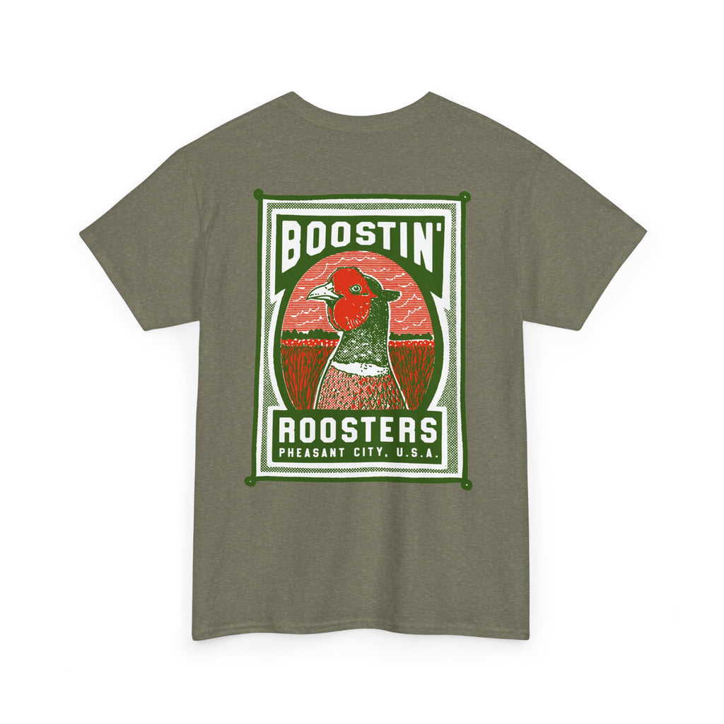 A heather olive green short-sleeve t-shirt with a vintage-style graphic on the front featuring a pheasant bird and the text 'BOOSTIN' ROOSTERS Pheasant CITY, U.S.A