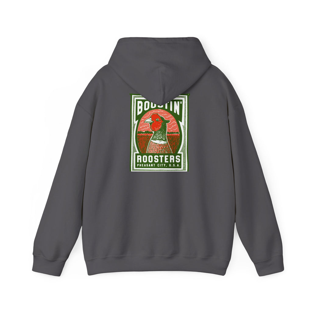Charcoal hoodie with a colorful 'BOOSTIN' ROOSTERS' pheasant design on the back against a white background