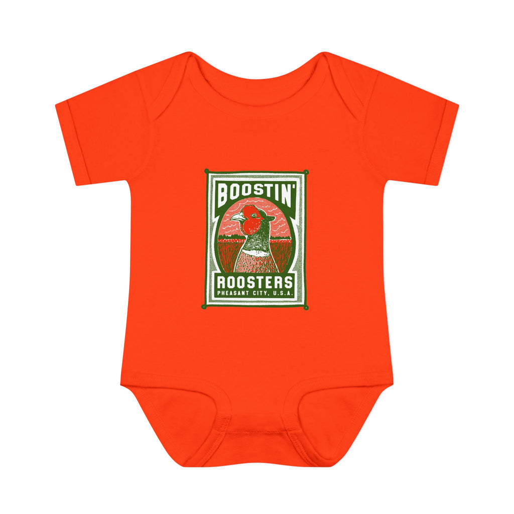 A bright orange short-sleeve baby bodysuit featuring a vintage-style graphic print on the chest with a rooster and the text 'BOOSTIN' ROOSTERS'.