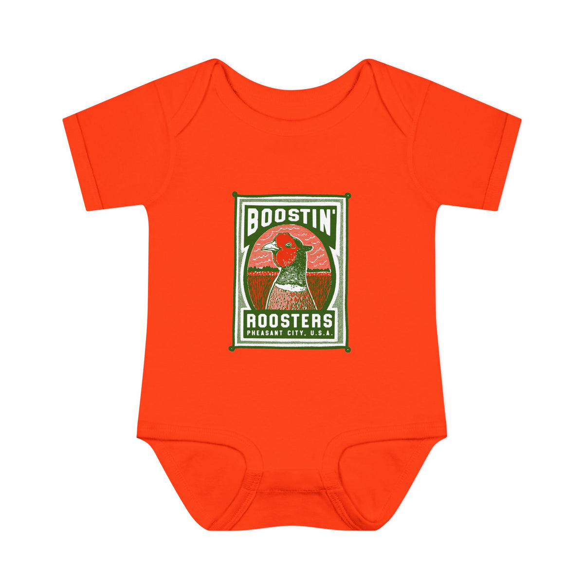 A bright orange short-sleeve baby bodysuit featuring a vintage-style graphic print on the chest with a rooster and the text 'BOOSTIN' ROOSTERS'.
