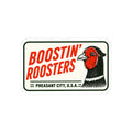 A rectangular vintage-style sticker or sign with rounded corners featuring the words 'BOOSTIN' ROOSTERS' in red, a pheasant bird illustration in black, red, white, and gray, and the text 'PHEASANT CITY, U.S.