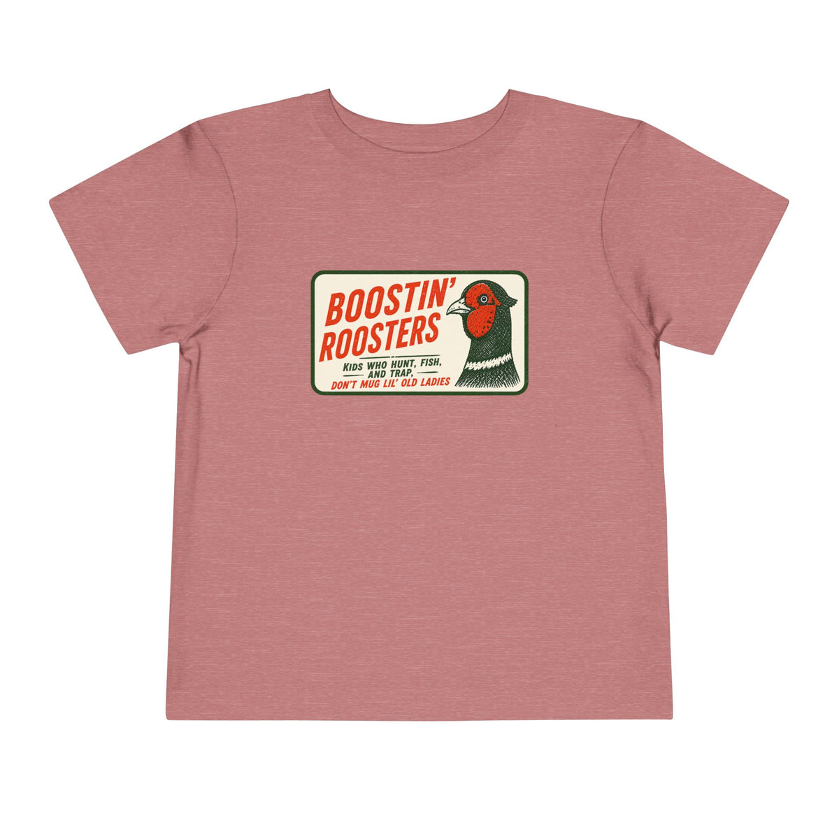 A heather mauve short-sleeve t-shirt with a vintage-style graphic on the chest reading 'BOOSTIN' ROOSTERS' in red and black text with a rooster illustration.