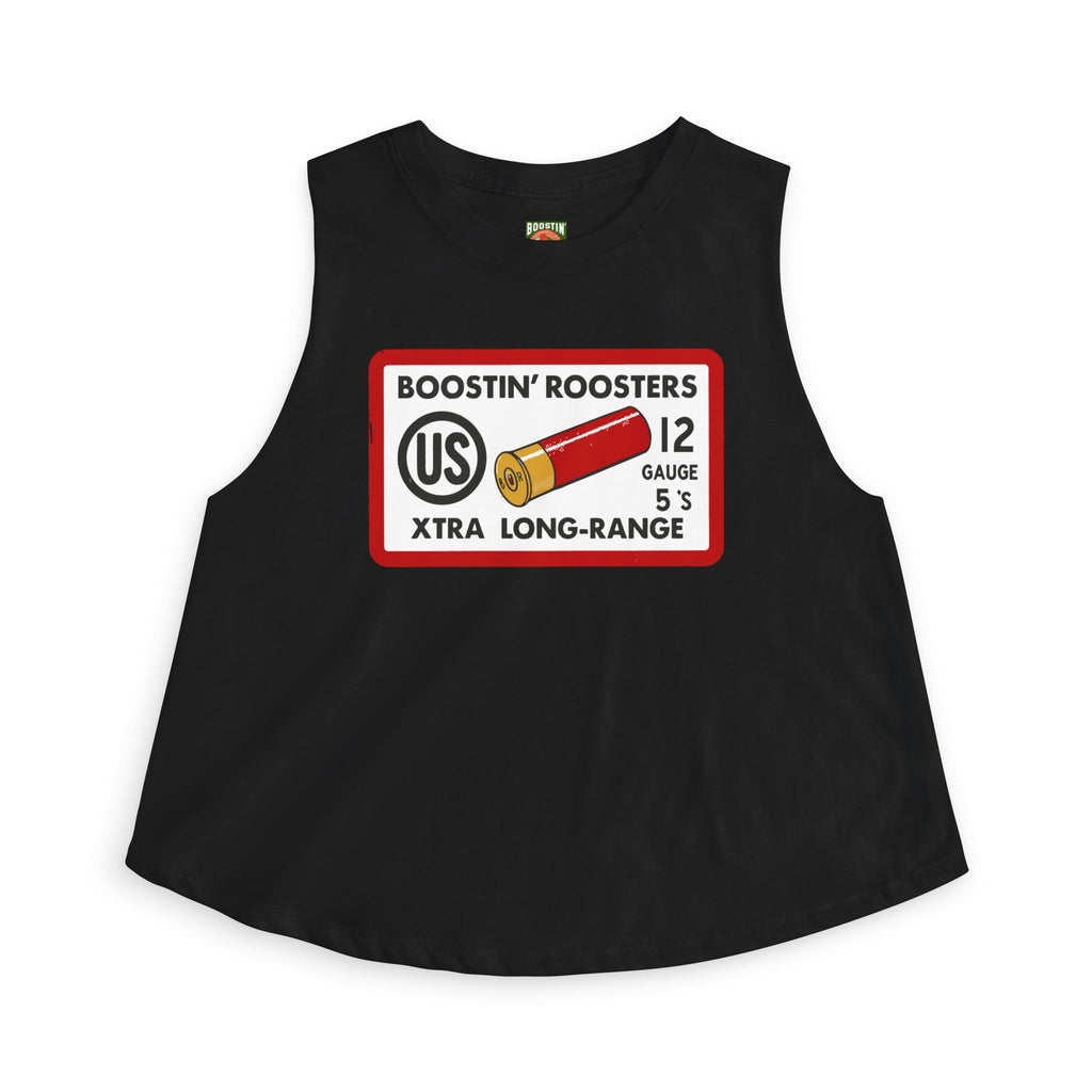 A black sleeveless muscle tank top featuring a vintage-style red, white, and yellow graphic on the chest that reads 'BOOSTIN' ROOSTERS 12 GAUGE 5'S XTRA LONG-RANGE' with a shotgun shell illustration.