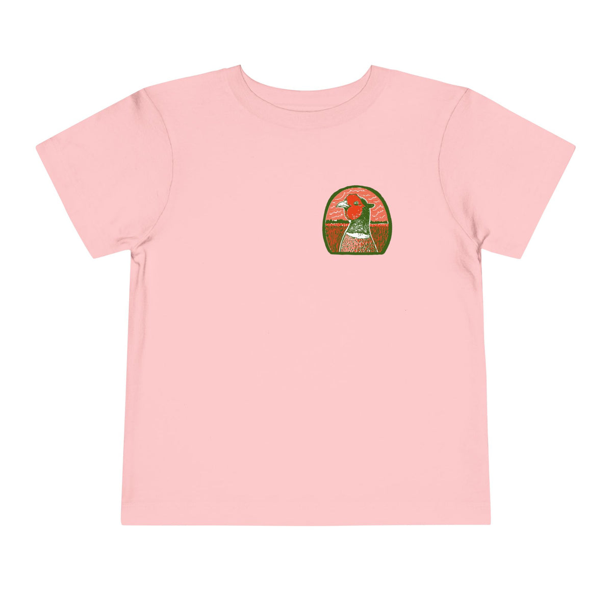 A light pink short-sleeve crewneck t-shirt with a Boostin' Roosters graphic print on the left chest.
