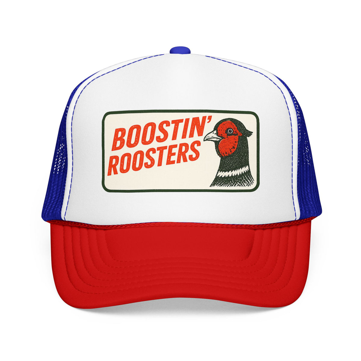 A red, white, and blue trucker hat featuring a front patch with the text 'BOOSTIN' ROOSTERS' and an illustration of a rooster.