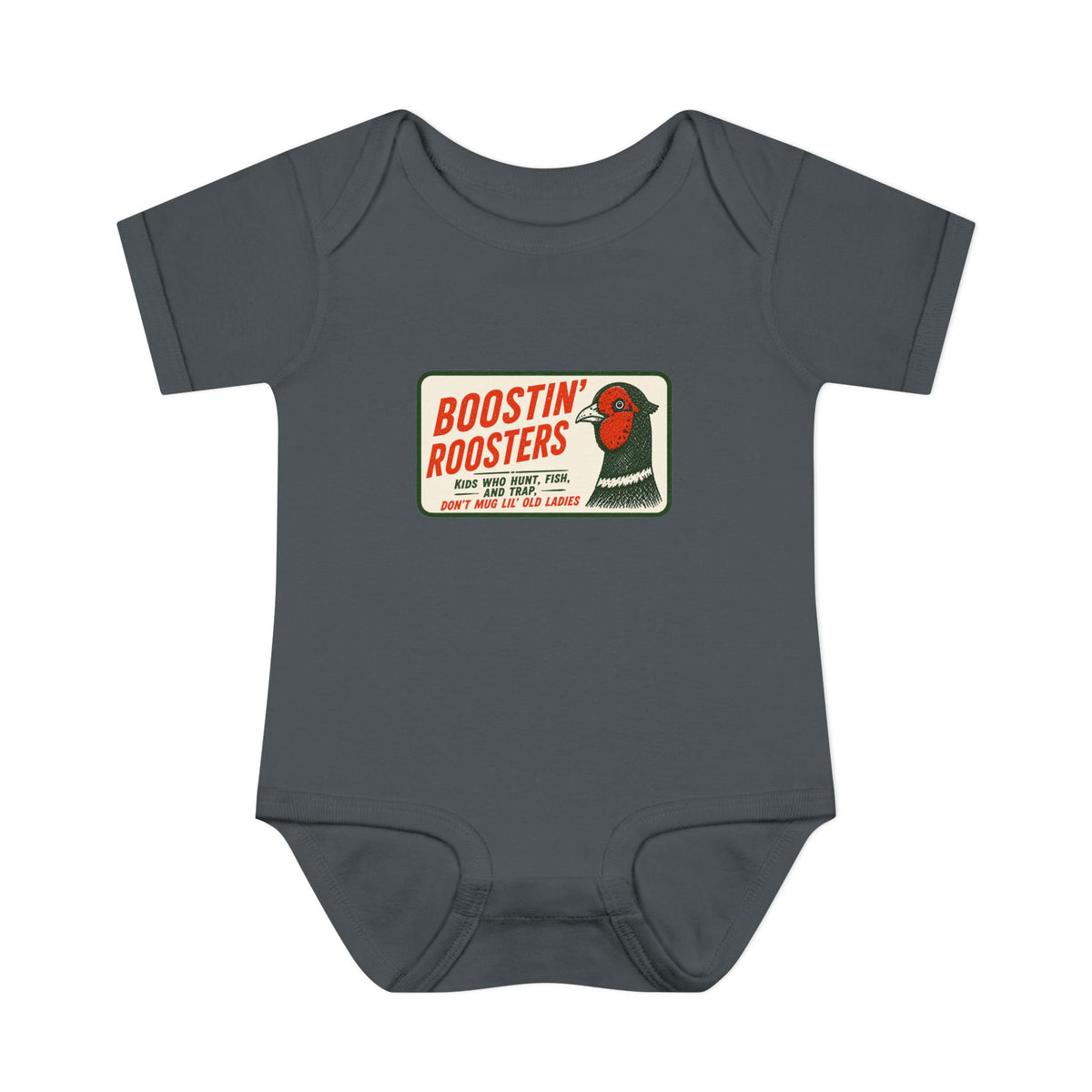 Dark grey baby onesie with a graphic with the words "BOOSTIN' ROOSTERS" and a pheasant head on the front.