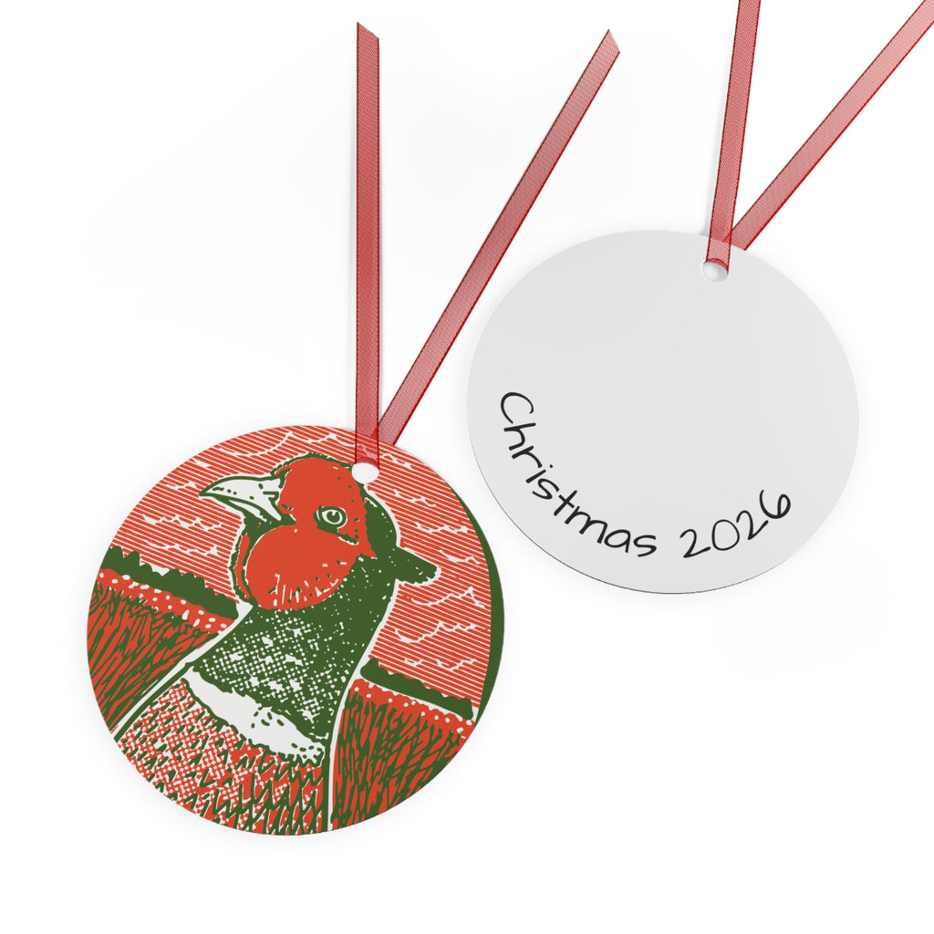 Front and back of hanging Christmas ornaments on white background. 