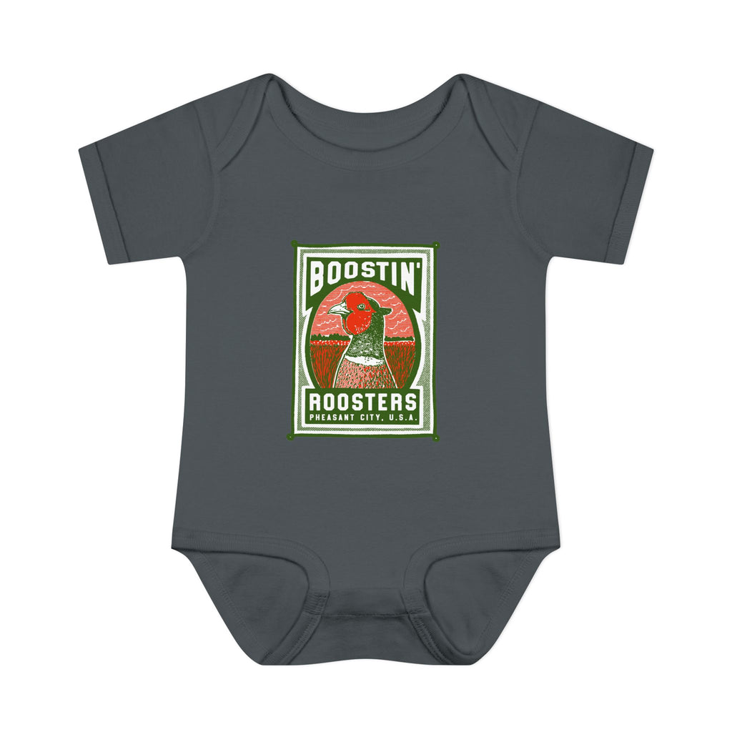 A dark gray baby bodysuit featuring a vintage-style graphic print on the chest with a rooster and the text 'BOOSTIN' ROOSTERS'.