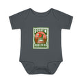 A dark gray baby bodysuit featuring a vintage-style graphic print on the chest with a rooster and the text 'BOOSTIN' ROOSTERS'.