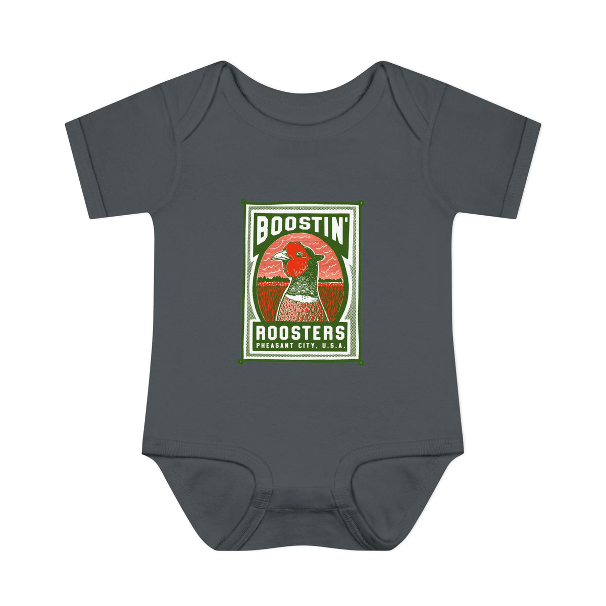A dark gray baby bodysuit featuring a vintage-style graphic print on the chest with a rooster and the text 'BOOSTIN' ROOSTERS'.