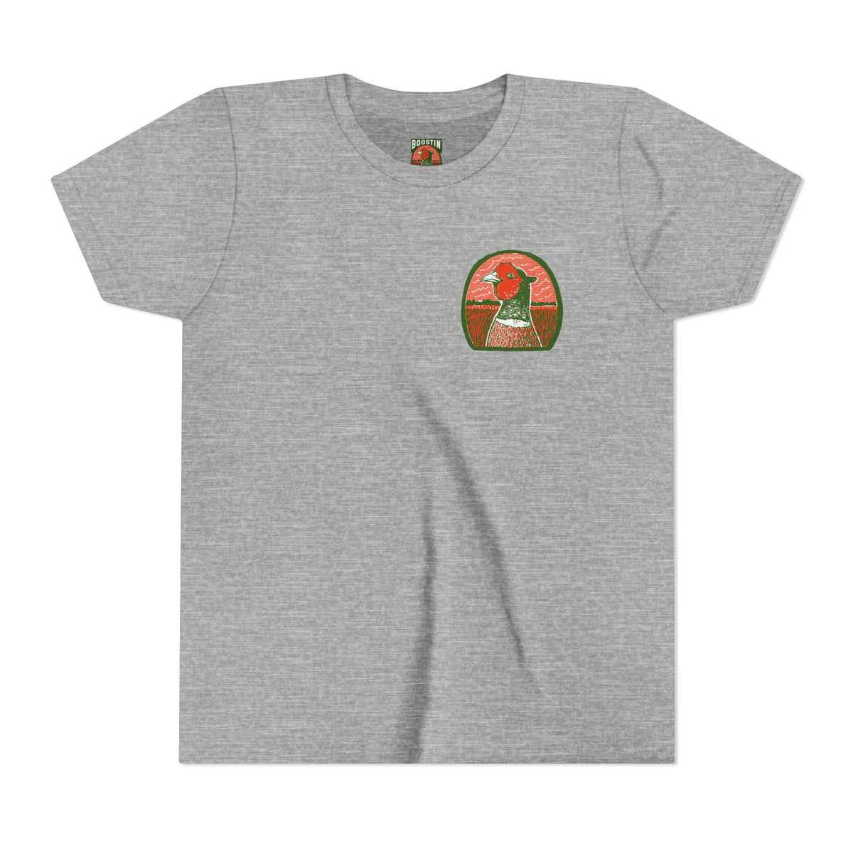 A heather gray short-sleeve crewneck t-shirt featuring a small pheasant head graphic on the left chest.