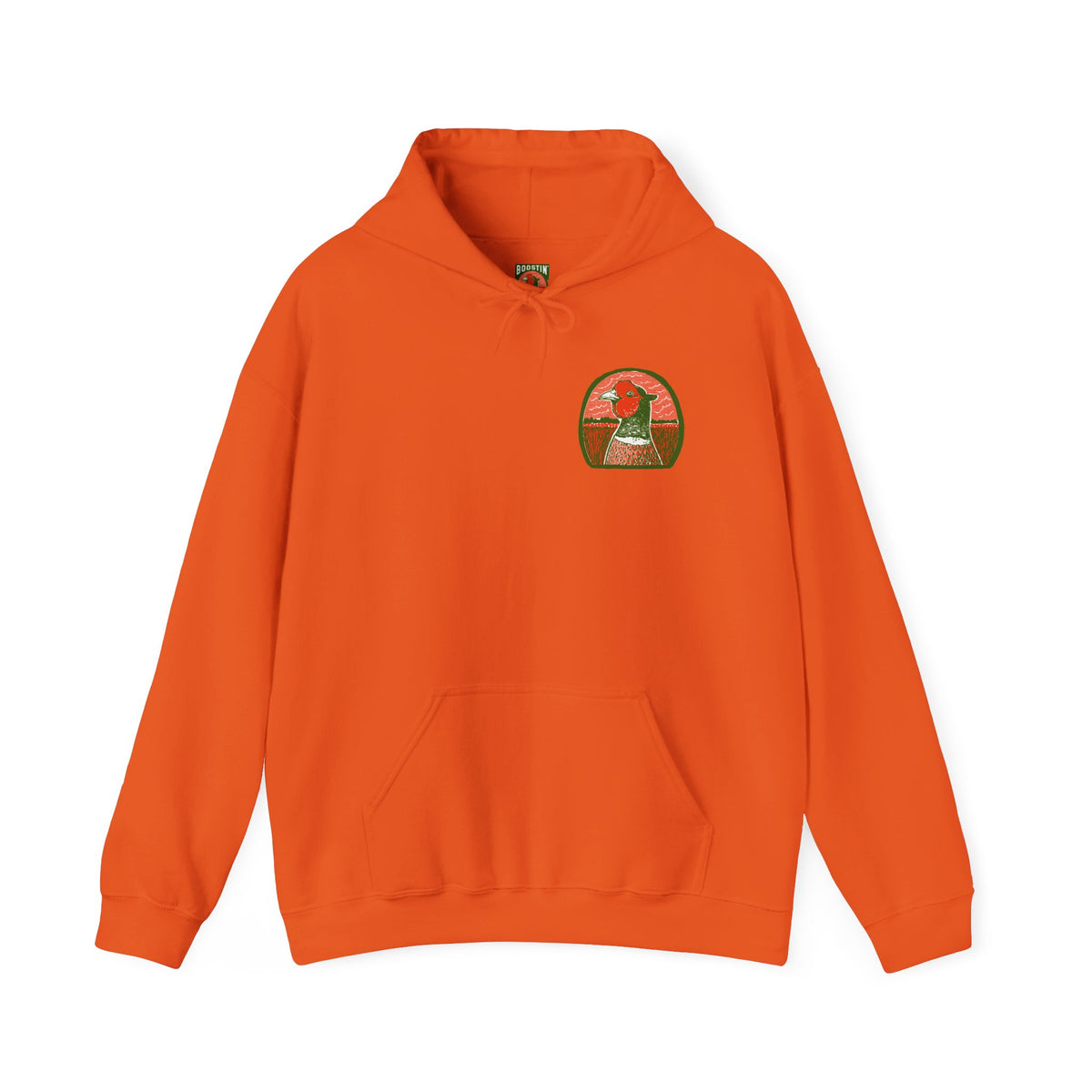 A bright orange hoodie with a small black graphic of a pheasant head on the left chest.