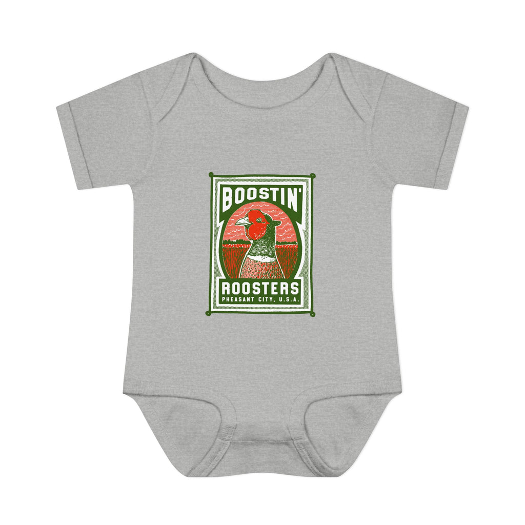 A light heather gray short-sleeve baby bodysuit featuring a vintage-style graphic print on the chest. The graphic has a green border and reads 'BOOSTIN' ROOSTERS'.