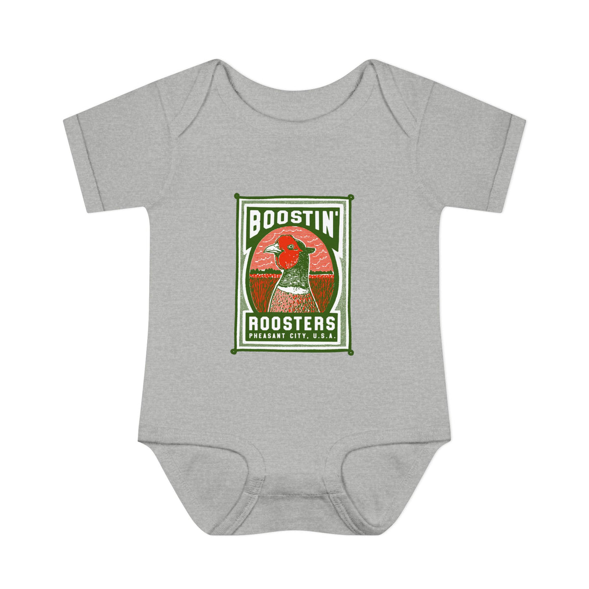 A light heather gray short-sleeve baby bodysuit featuring a vintage-style graphic print on the chest. The graphic has a green border and reads 'BOOSTIN' ROOSTERS'.