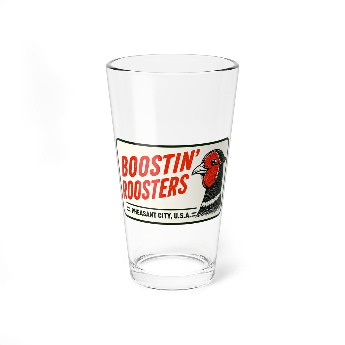 A clear glass pint-style drinking cup with a printed 'Boostin' Roosters' logo label on the front, featuring red lettering and a rooster illustration, set against a plain white background.