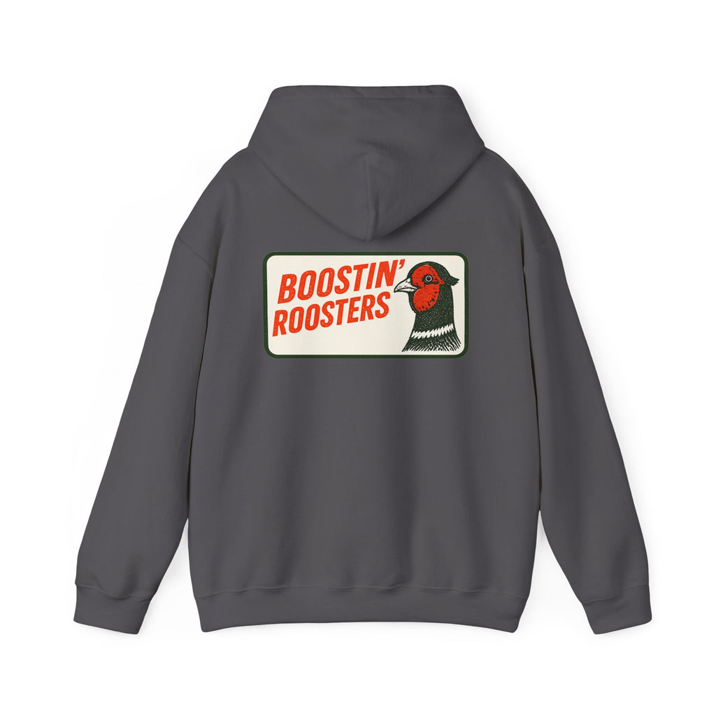 A dark gray hoodie shown from the back, featuring a graphic print of a rooster and the text 'BOOSTIN' ROOSTERS' on a cream background.