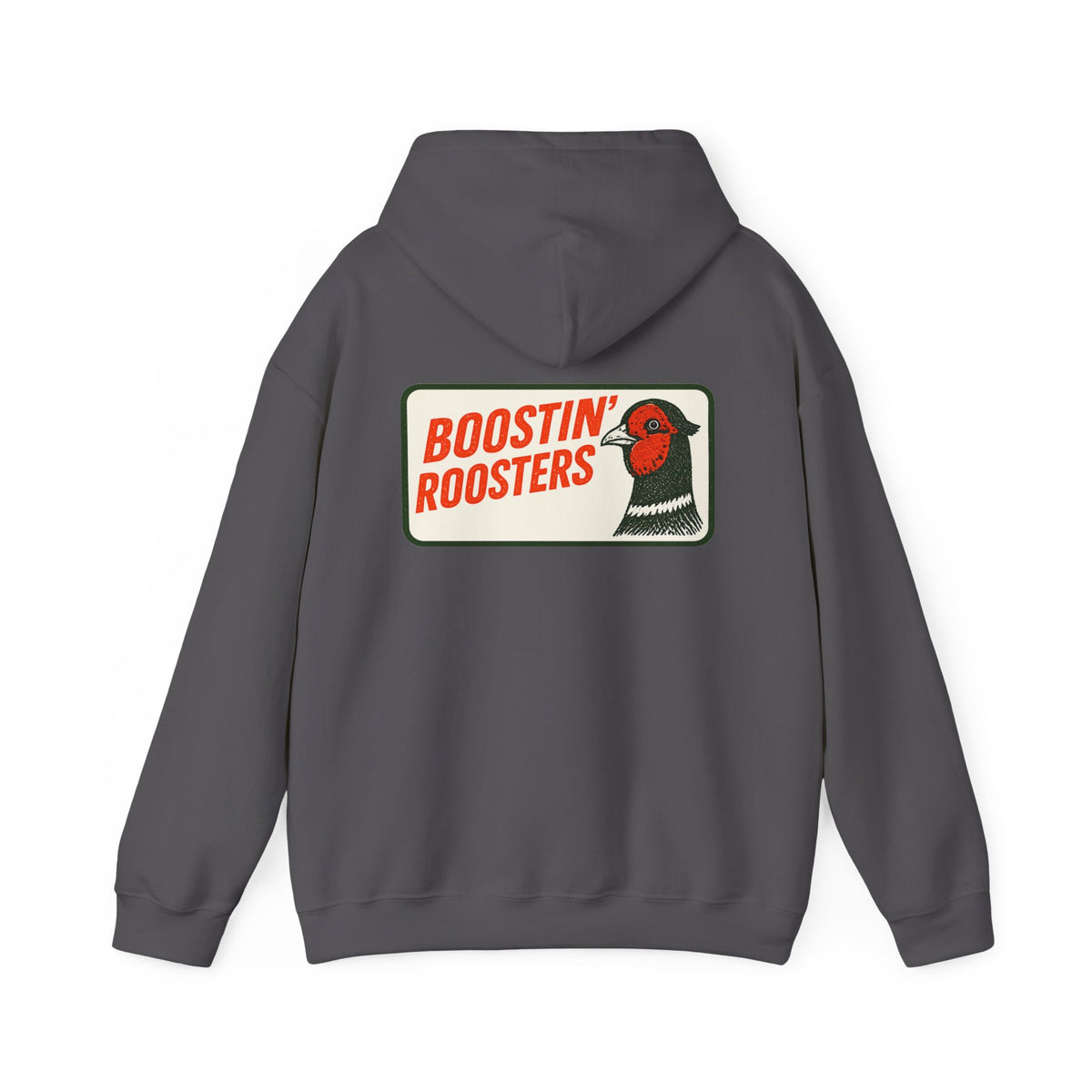 A dark gray hoodie shown from the back, featuring a graphic print of a rooster and the text 'BOOSTIN' ROOSTERS' on a cream background.