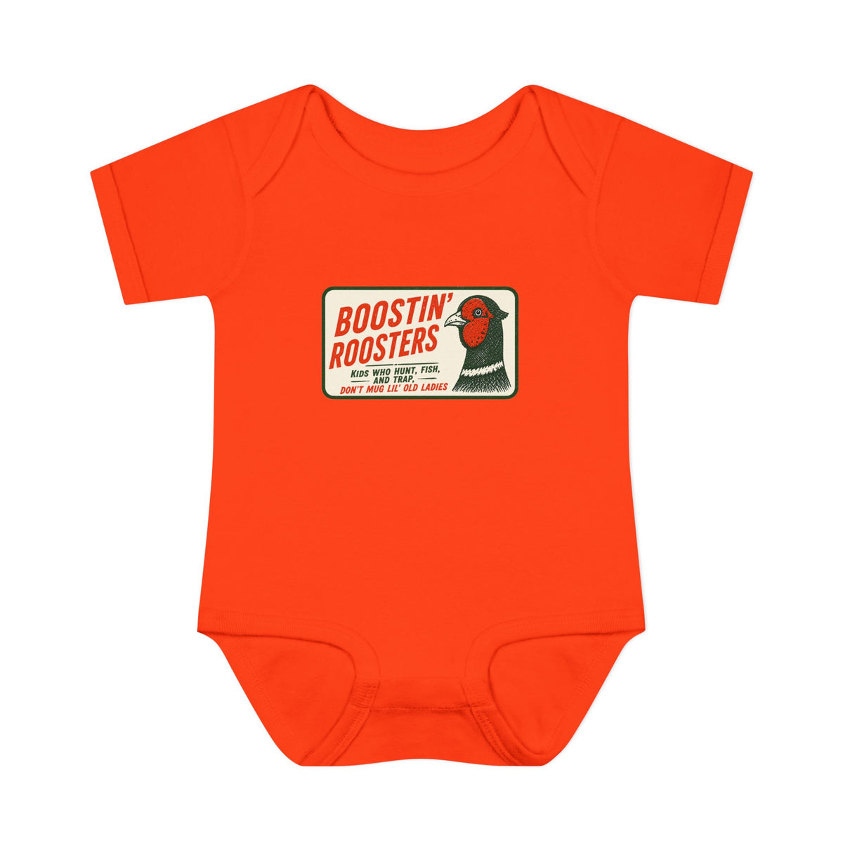 Bright orange short-sleeve baby bodysuit with a vintage-style 'Boostin' Roosters' graphic printed on the chest, shown on a plain white background.