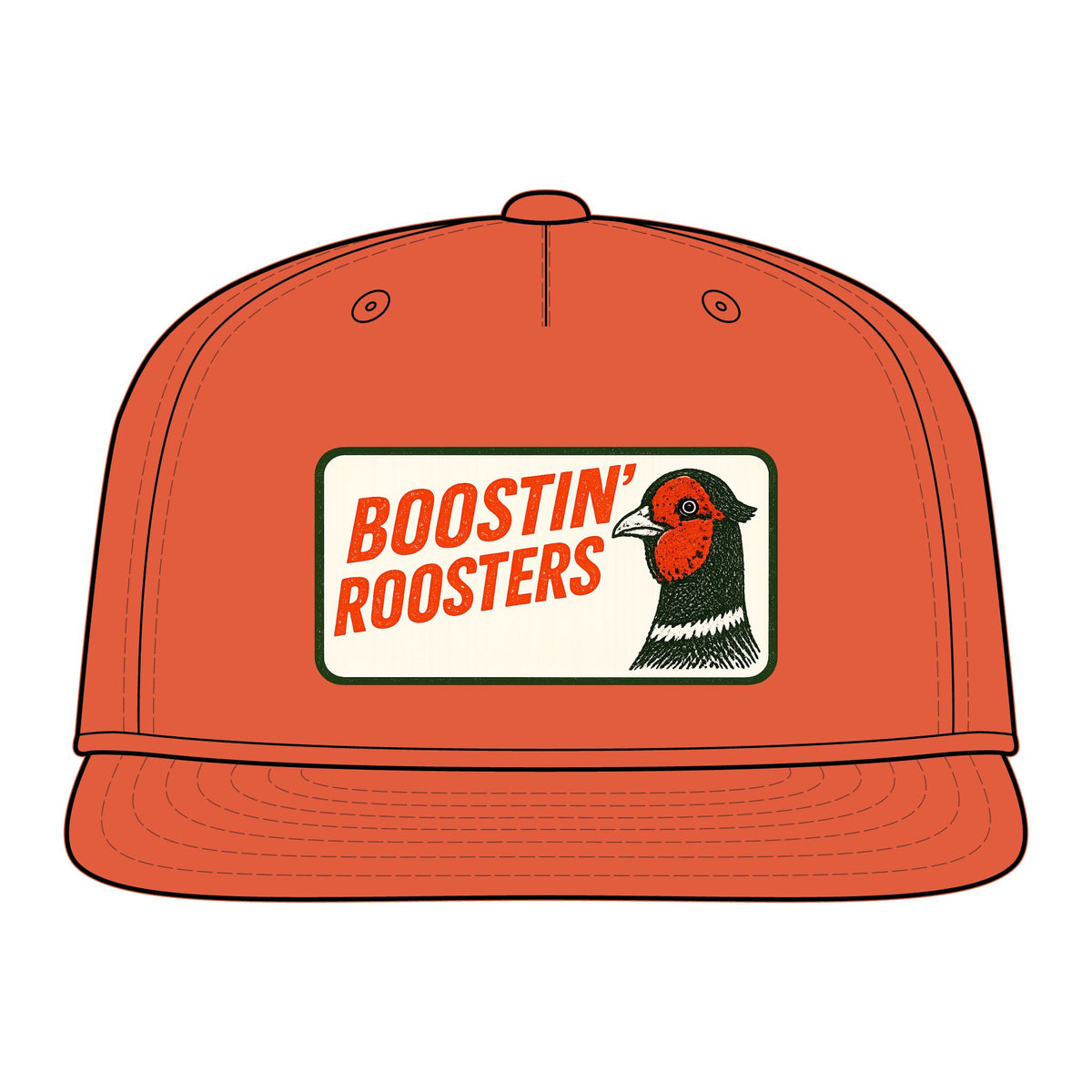 An orange snapback cap with a rectangular front patch that reads 'BOOSTIN' ROOSTERS' in orange text on a cream background, alongside a stylized rooster illustration. The cap is shown on a plain white background.