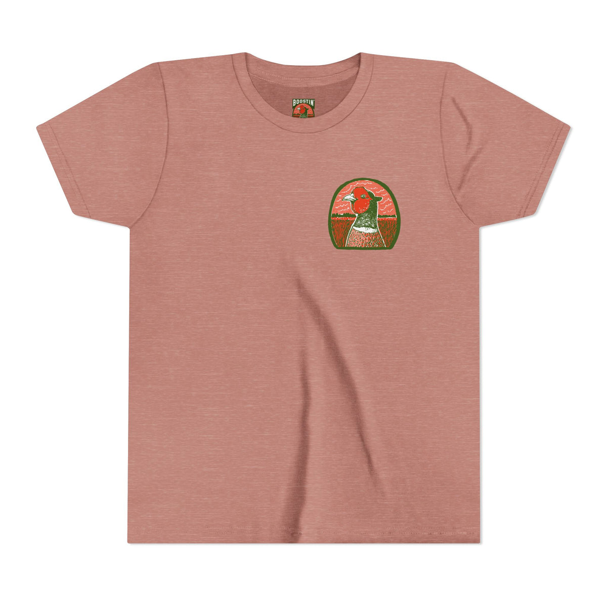 A heather mauve short-sleeve crewneck t-shirt featuring a small pheasant head graphic on the left chest.
