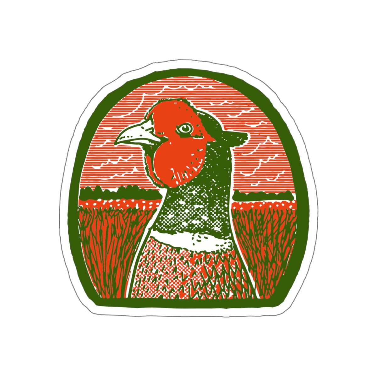 A die-cut sticker featuring a stylized, vintage-inspired illustration of a pheasant bird in red, green, and white, set against a solid white background.