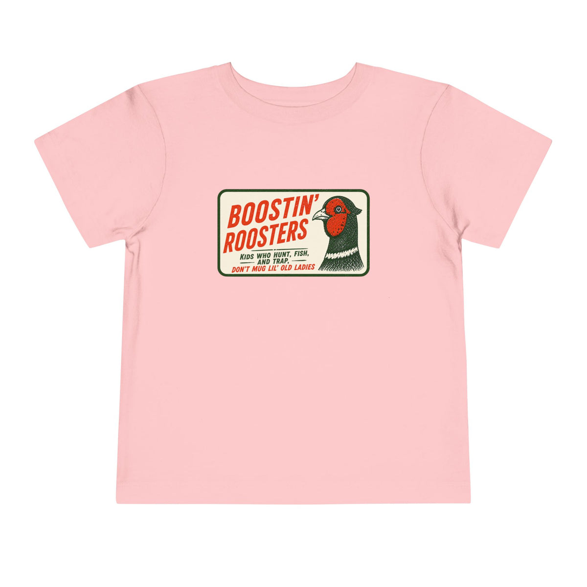 A light pink short-sleeve crewneck t-shirt featuring a vintage-style graphic print on the chest that reads 'BOOSTIN' ROOSTERS' in red and black text with a rooster illustration.
