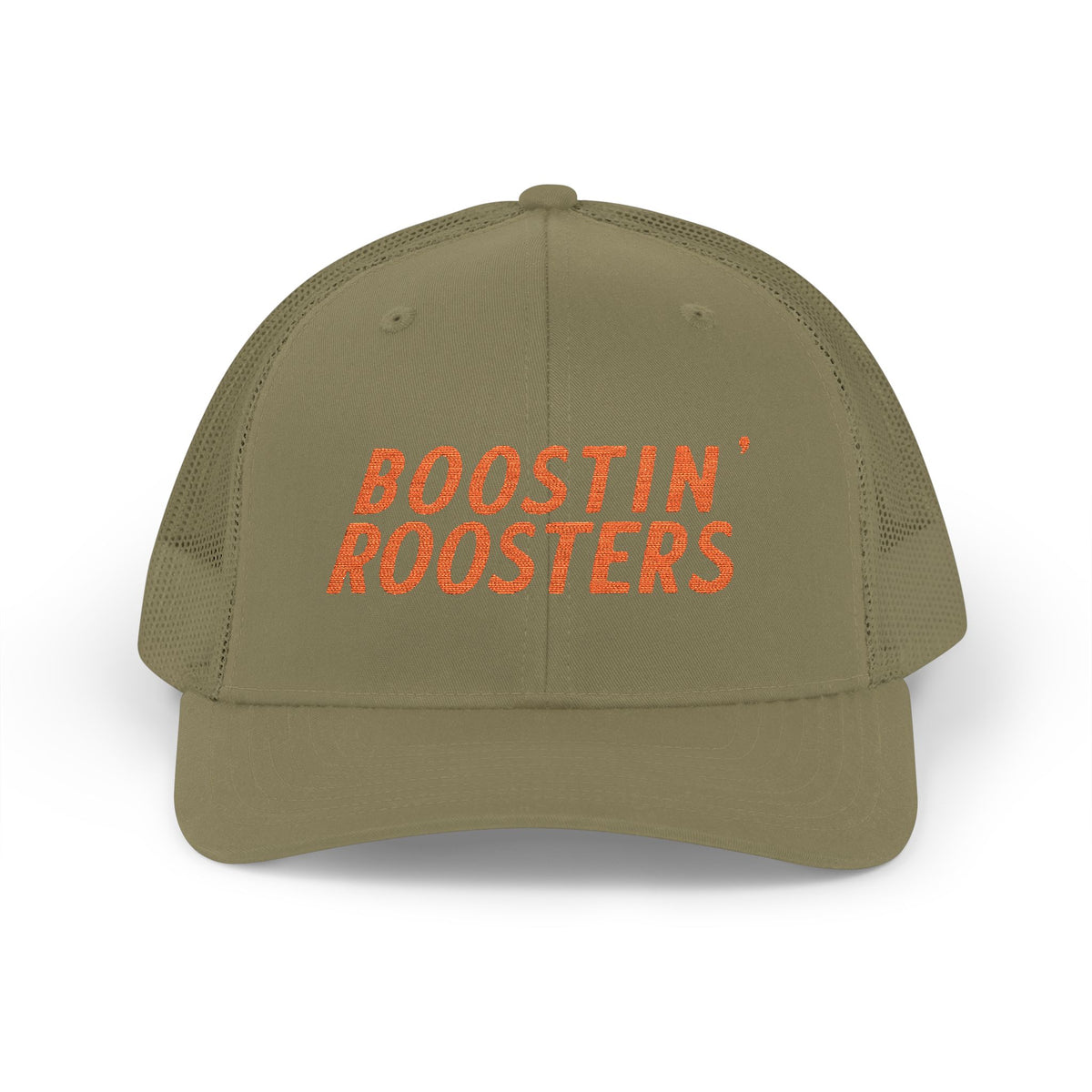 A Loden embroidered hat with orange embroidered text reading 'BOOSTIN' ROOSTERS' on the front panel, shown against a plain white background.