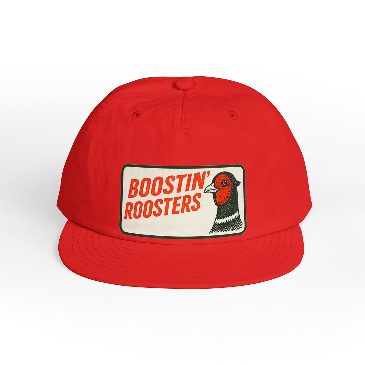 A bright red baseball cap with a flat brim, featuring a rectangular front patch that reads 'BOOSTIN' ROOSTERS' in red text on a cream background, alongside a rooster illustration.