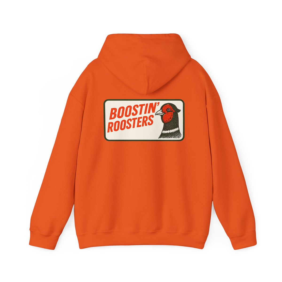 An orange hoodie shown from the back, featuring a large graphic print of a rooster and the text 'BOOSTIN' ROOSTERS' on a white background.