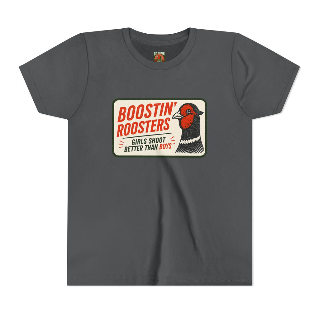 A dark gray crewneck t-shirt featuring a vintage-style graphic print on the chest. The print displays a red and black pheasant bird next to a cream-colored box with the text 'BOOSTIN' ROOSTERS' in red and 'GIRLS SHOOT BETTER THAN BOYS' in red and black.