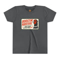 A dark gray crewneck t-shirt featuring a vintage-style graphic print on the chest. The print displays a red and black pheasant bird next to a cream-colored box with the text 'BOOSTIN' ROOSTERS' in red and 'GIRLS SHOOT BETTER THAN BOYS' in red and black.