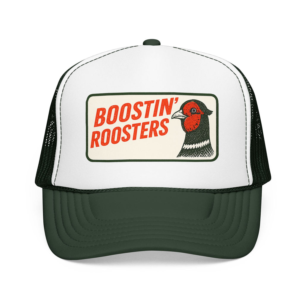 A white and dark green trucker hat with a front patch reading 'BOOSTIN' ROOSTERS' and showing a rooster illustration, on a white background.